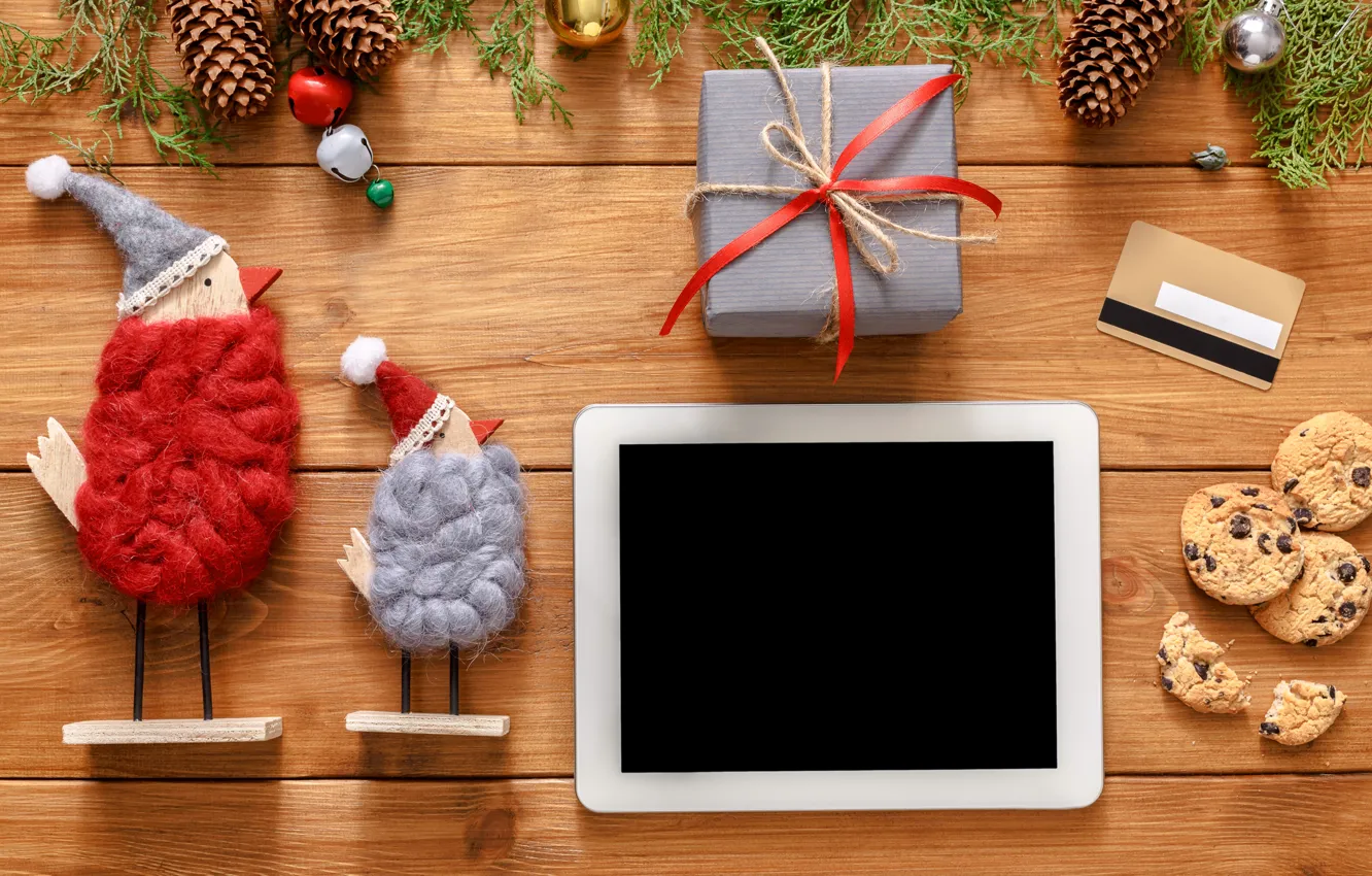 Фото обои украшения, шары, Новый Год, Рождество, подарки, happy, Christmas, планшет