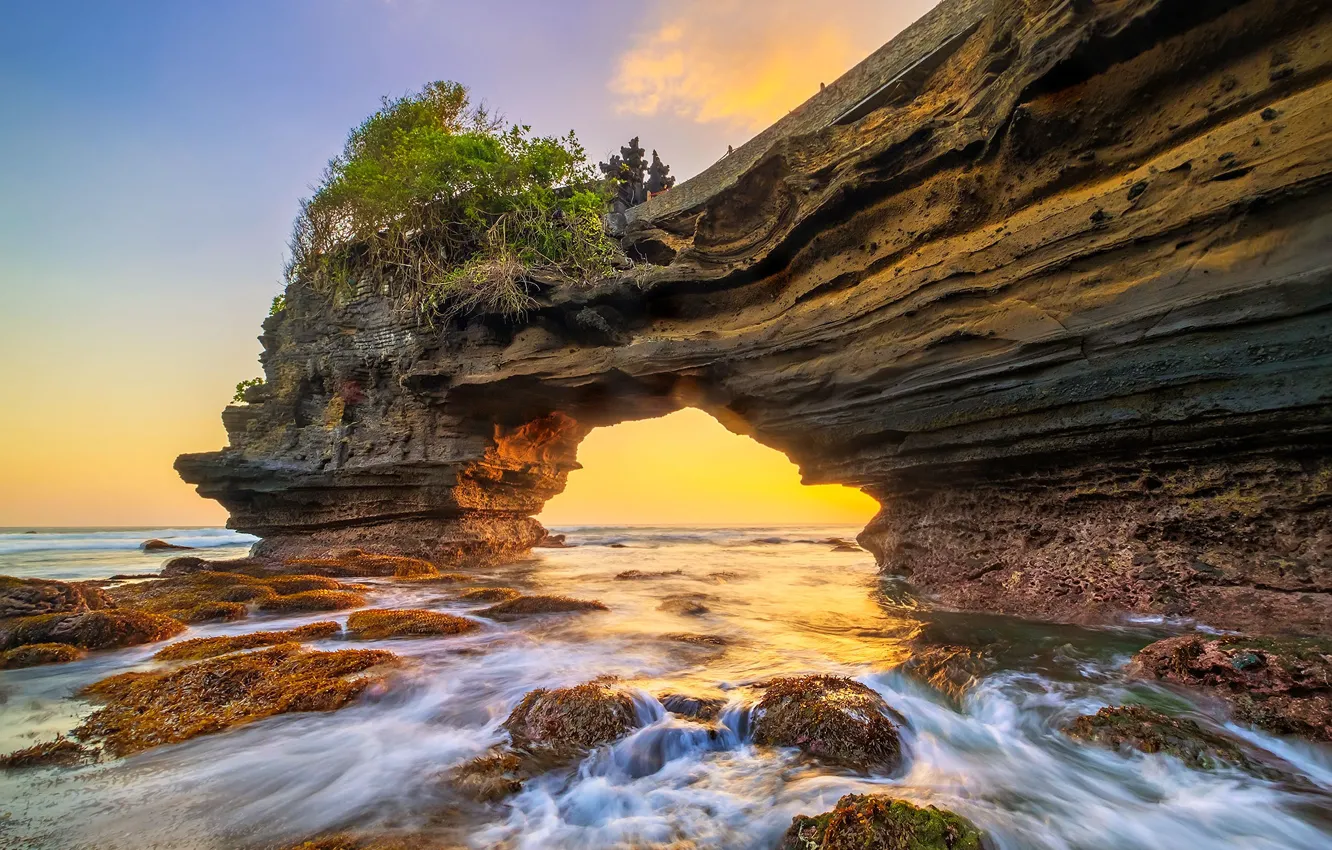 Фото обои скала, Индонезия, арка, остров Бали, Танах Лот