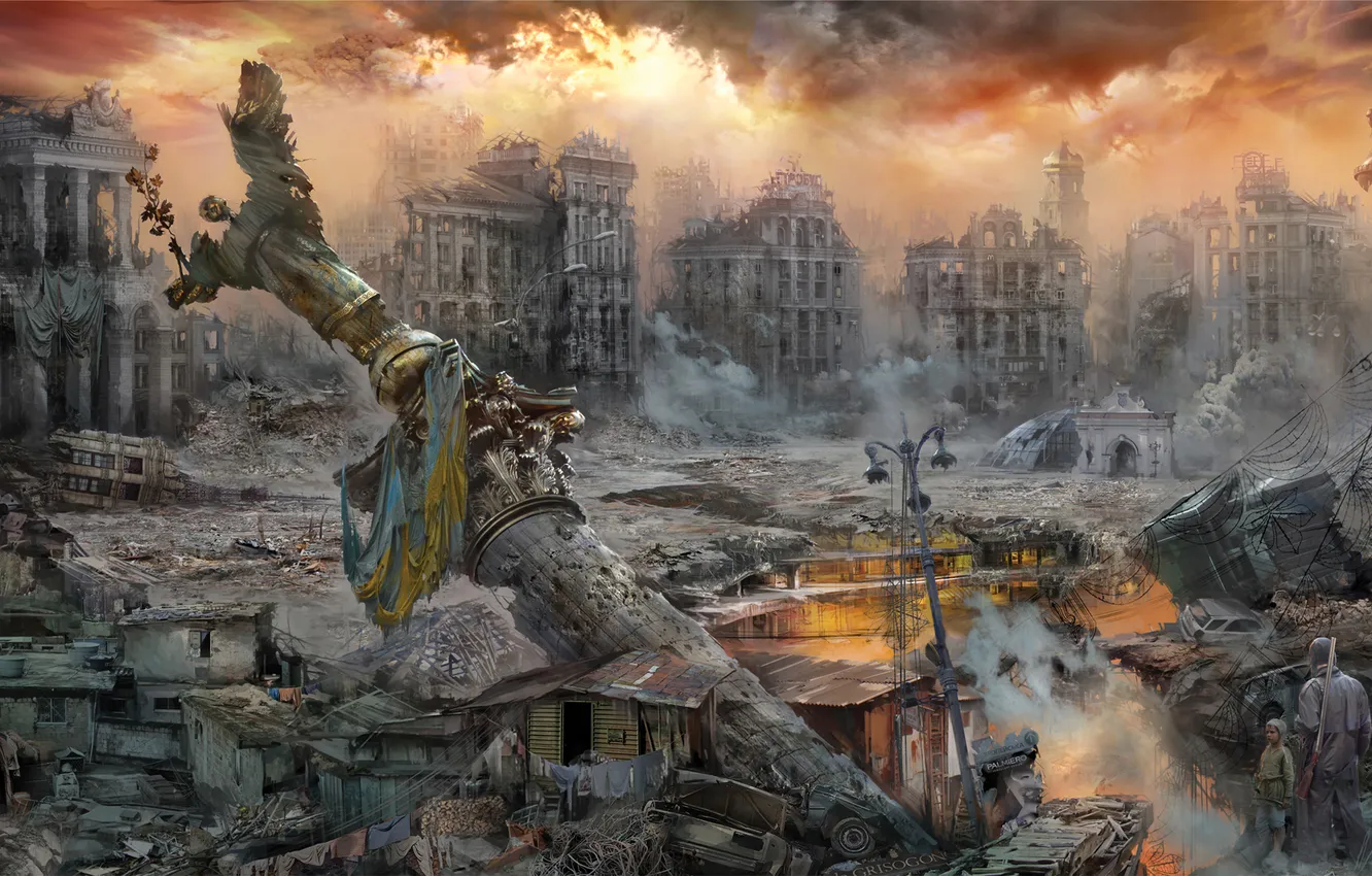 Фото обои город, люди, арт, постапокалипсис, Майдан, Из Прошлого — в Будущее