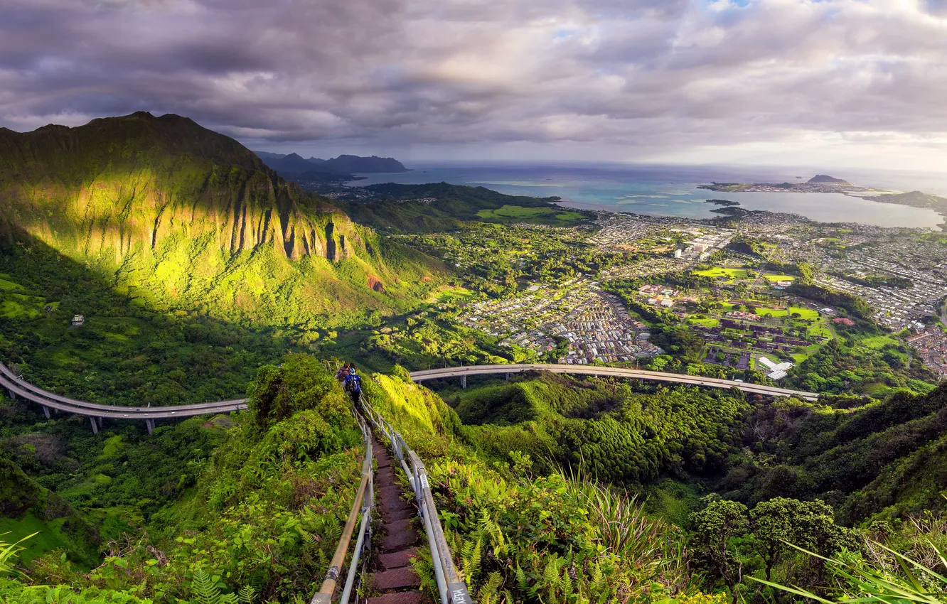 Фото обои Природа, Горы, Гавайи, Пейзаж, Лестница в небеса, Haiku Stairs