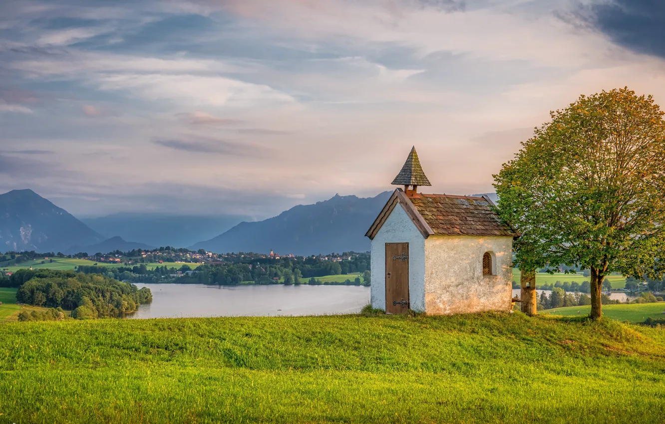 Фото обои пейзаж, горы, природа, озеро, дерево, Германия, Бавария, часовня