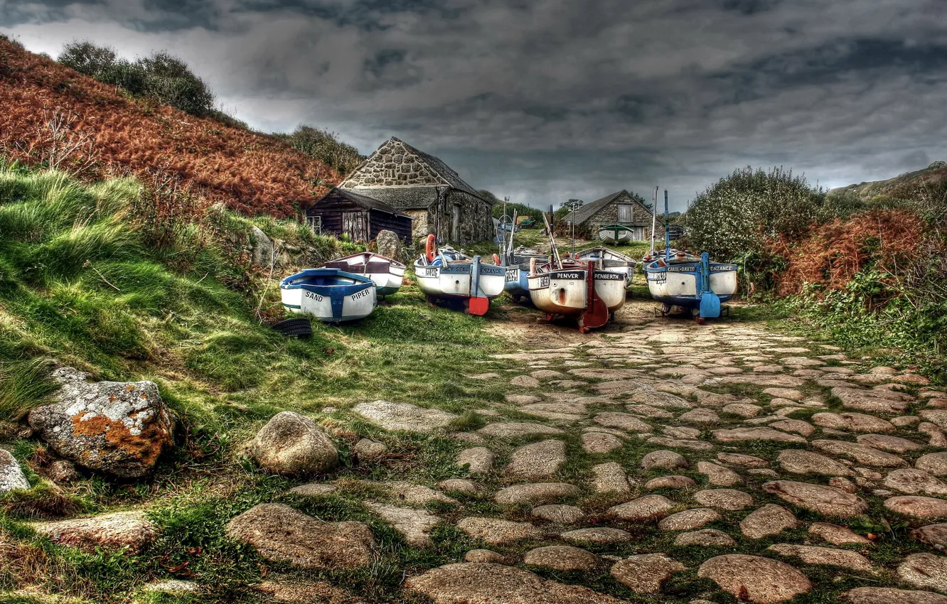Фото обои пейзаж, камни, лодки, каменные домики