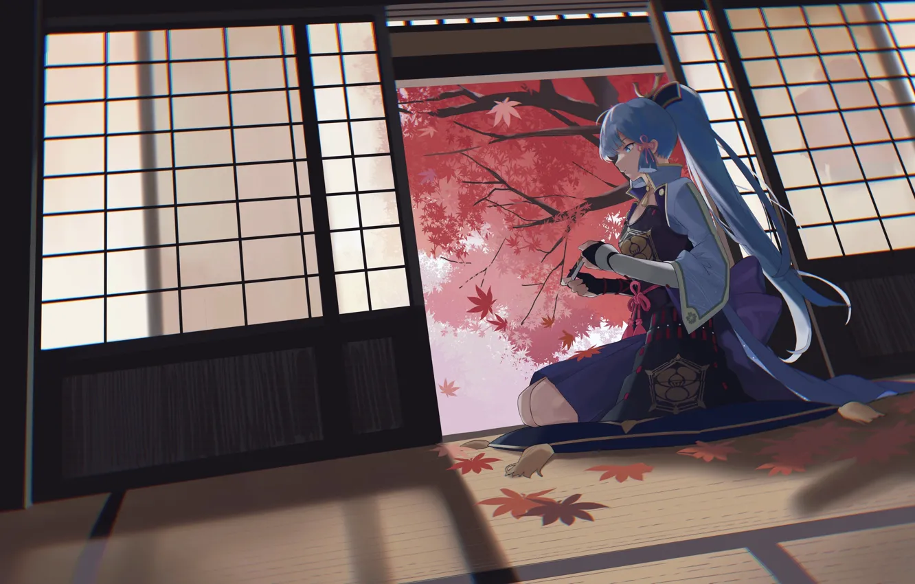 Фото обои кимоно, японская одежда, голубые волосы, кленовые листья, на коленях, сидит на полу, татами, осенние деревья