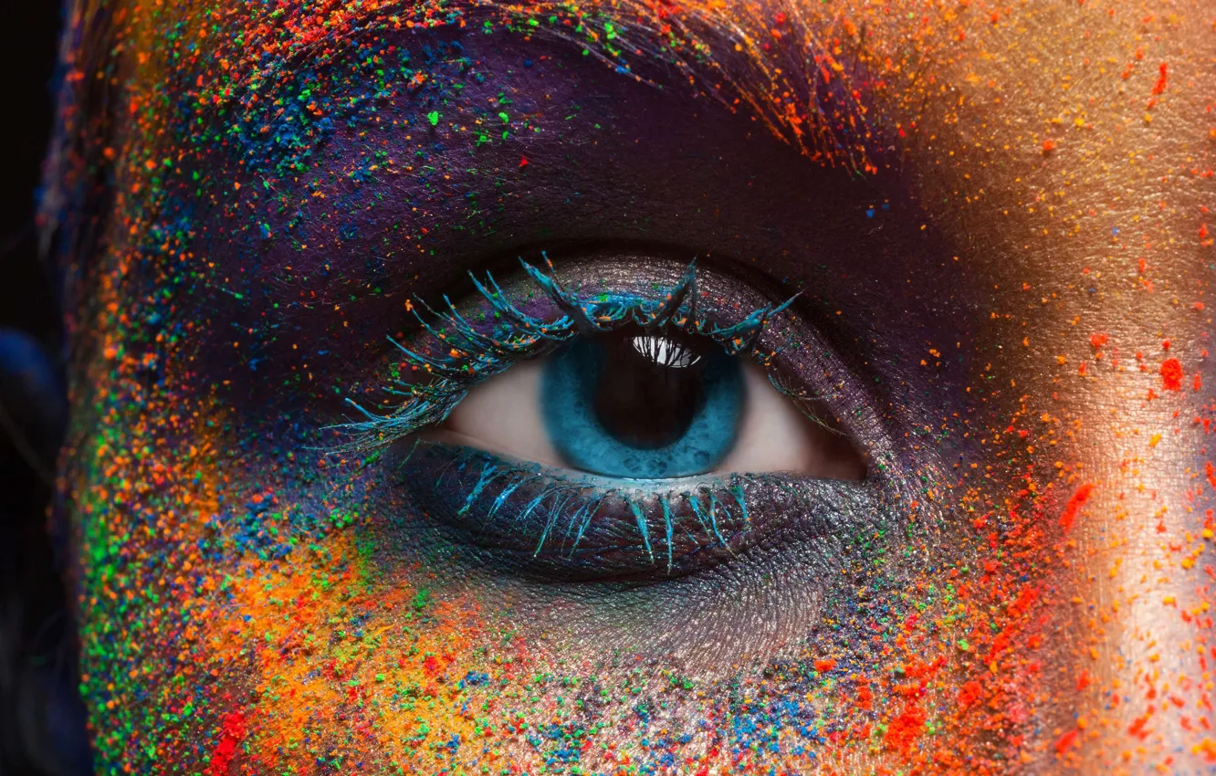 Фото обои глаз, краски, зрачок, цветной, разноцвет, фестиваль