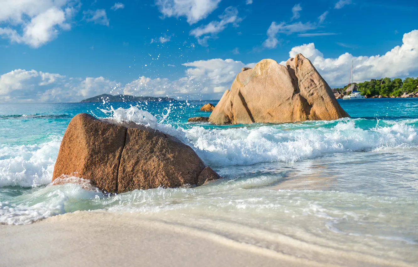 Фото обои песок, море, пляж, камни, Сейшелы