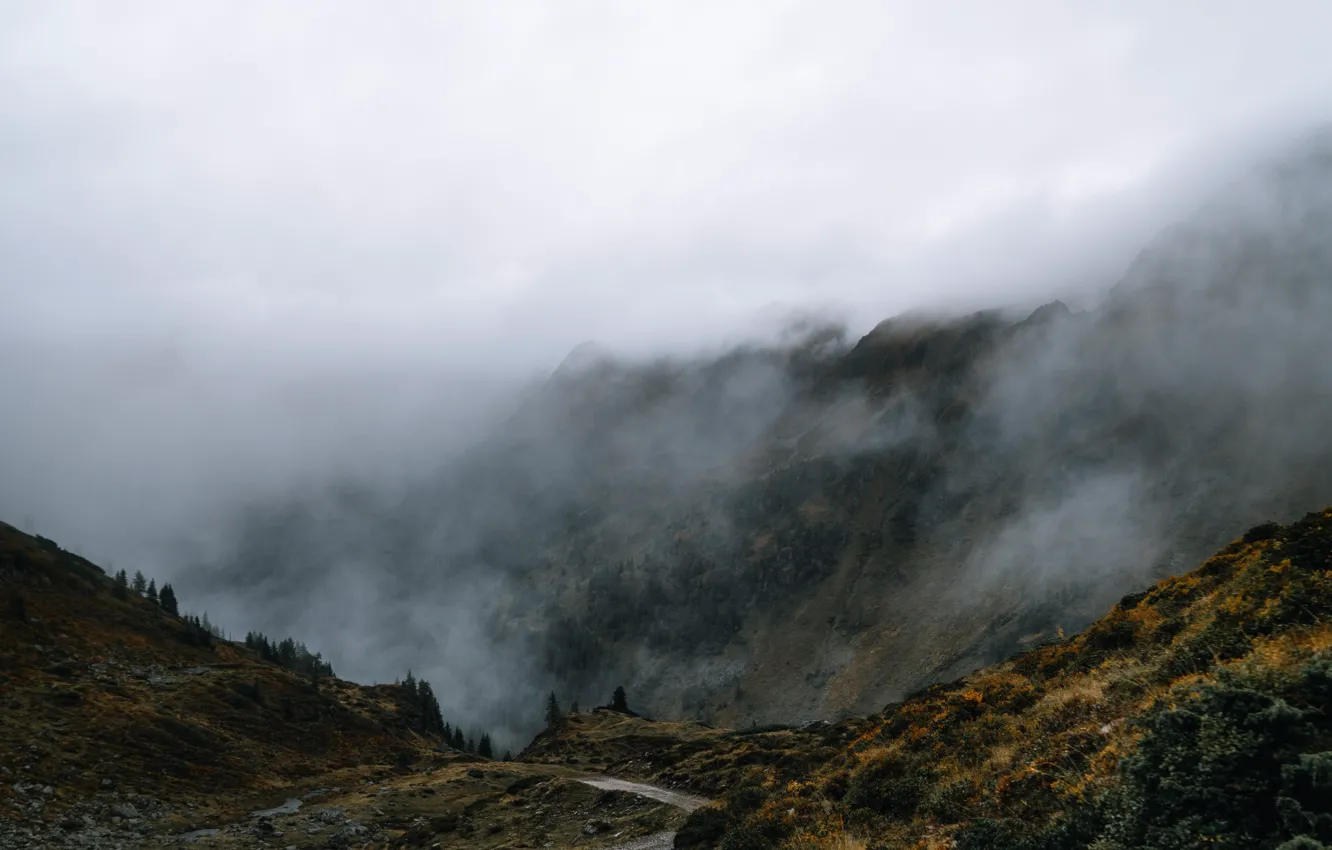 Фото обои небо, горы, природа, туман, скалы, Австрия, тропинка, Austria