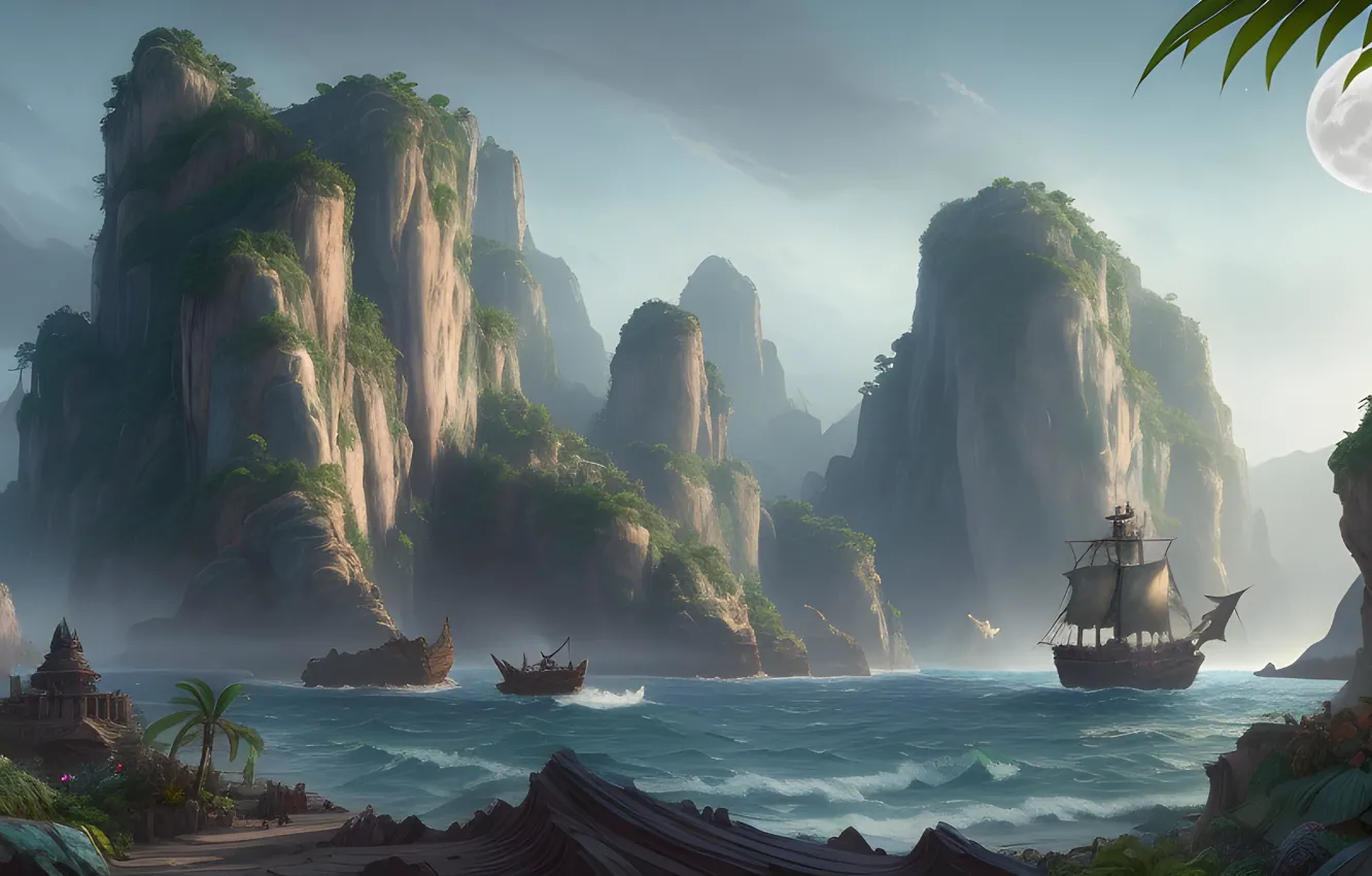 Фото обои море, лес, скалы, луна, корабль, джунгли