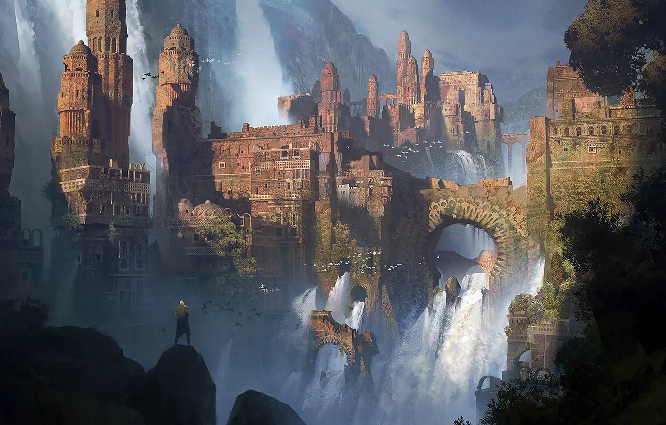 Фото обои горы, водопад, мужик, крепость, WATERFALLS
