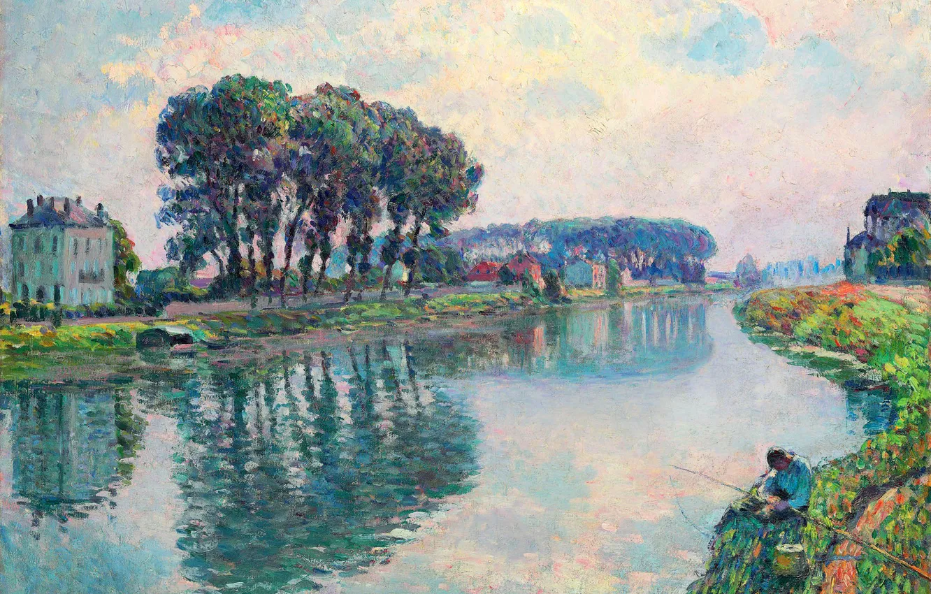 Фото обои пейзаж, река, картина, рыбак, Henri Lebasque, Fisher at the Bank of the Marne at Lagny
