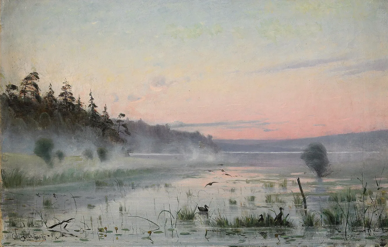 Фото обои пейзаж, масло, картина, CARL JOHANSSON, Карл Юханссон, Утренняя дымка над озером