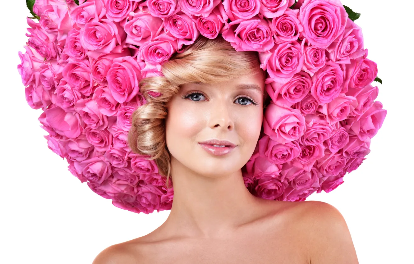 Фото обои взгляд, цветы, настроение, шапка, портрет, розы, макияж, прическа