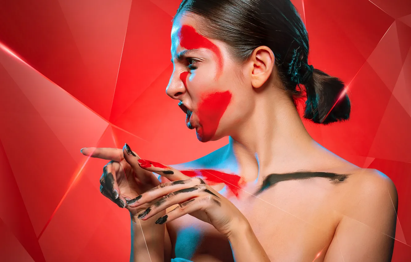 Фото обои девушка, лицо, фон, краски, цвет, макияж