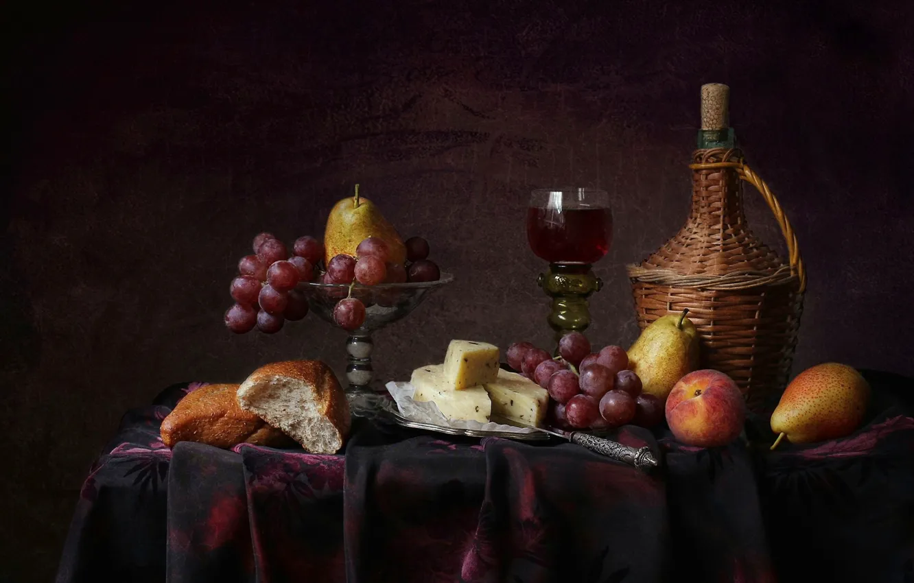 Фото обои стиль, фон, вино, бокал, сыр, хлеб, виноград, фрукты