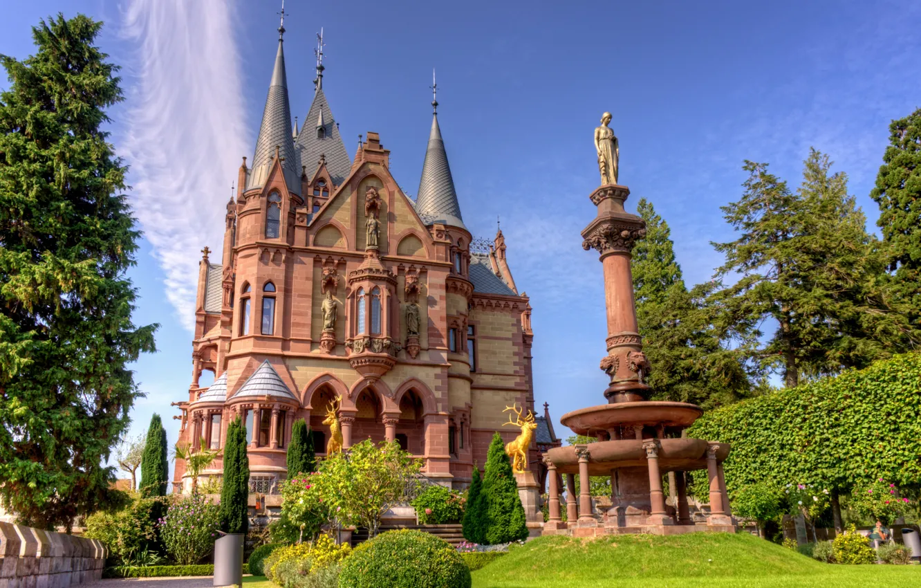 Фото обои небо, солнце, деревья, замок, HDR, Германия, скульптура, Drachenburg