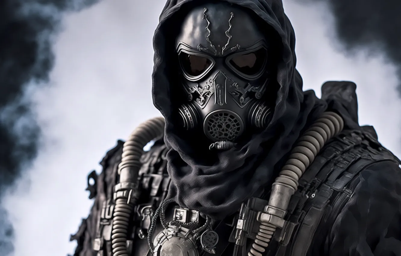Фото обои soldier, cyberpunk, mask, AI art, hooded jacket