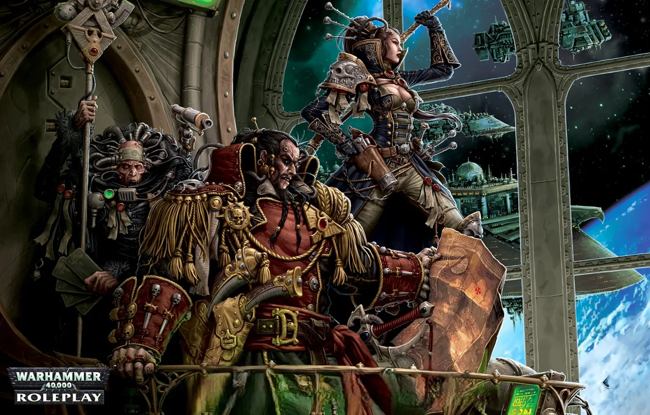 Фото обои космос, планета, окно, панорама, персонажи, космические корабли, Warhammer 40 000