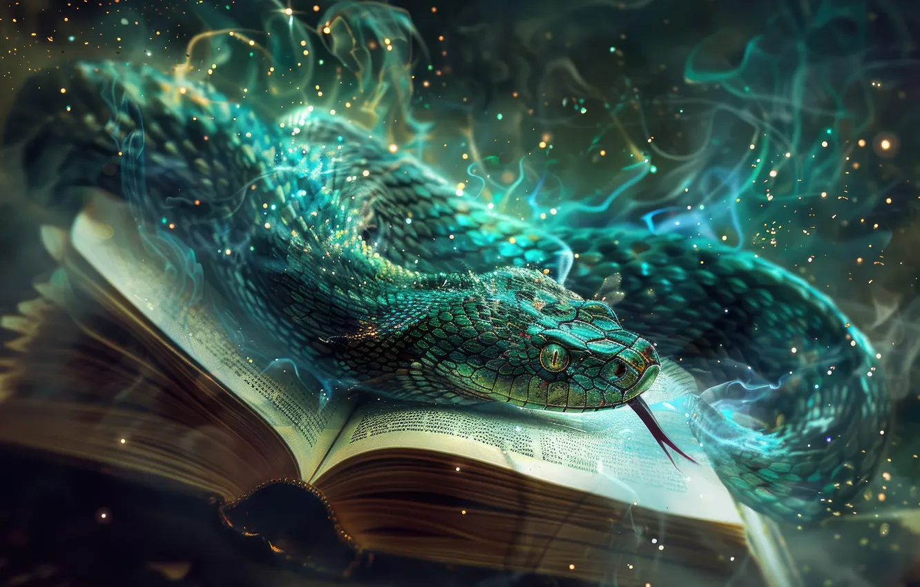 Фото обои Змея, Книга, Рептилия, Животное, Цифровое искусство, ИИ-арт, Искусство искусственного интеллекта, Нейросеть