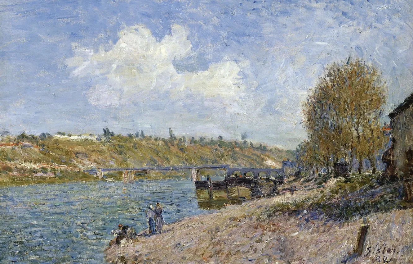Фото обои мост, река, картина, Alfred Sisley, Альфред Сислей, Пейзаж на Речном Берегу