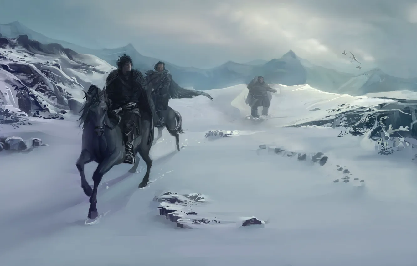 Фото обои зима, снег, горы, птицы, люди, кони, лошади, арт
