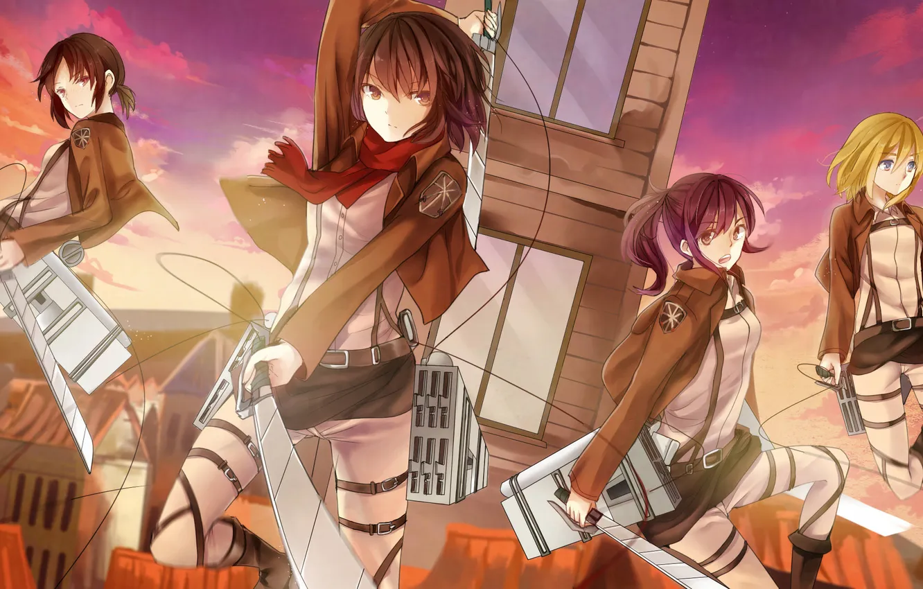 Фото обои взгляд, город, оружие, девушки, лезвие, обмундирование, anime, art