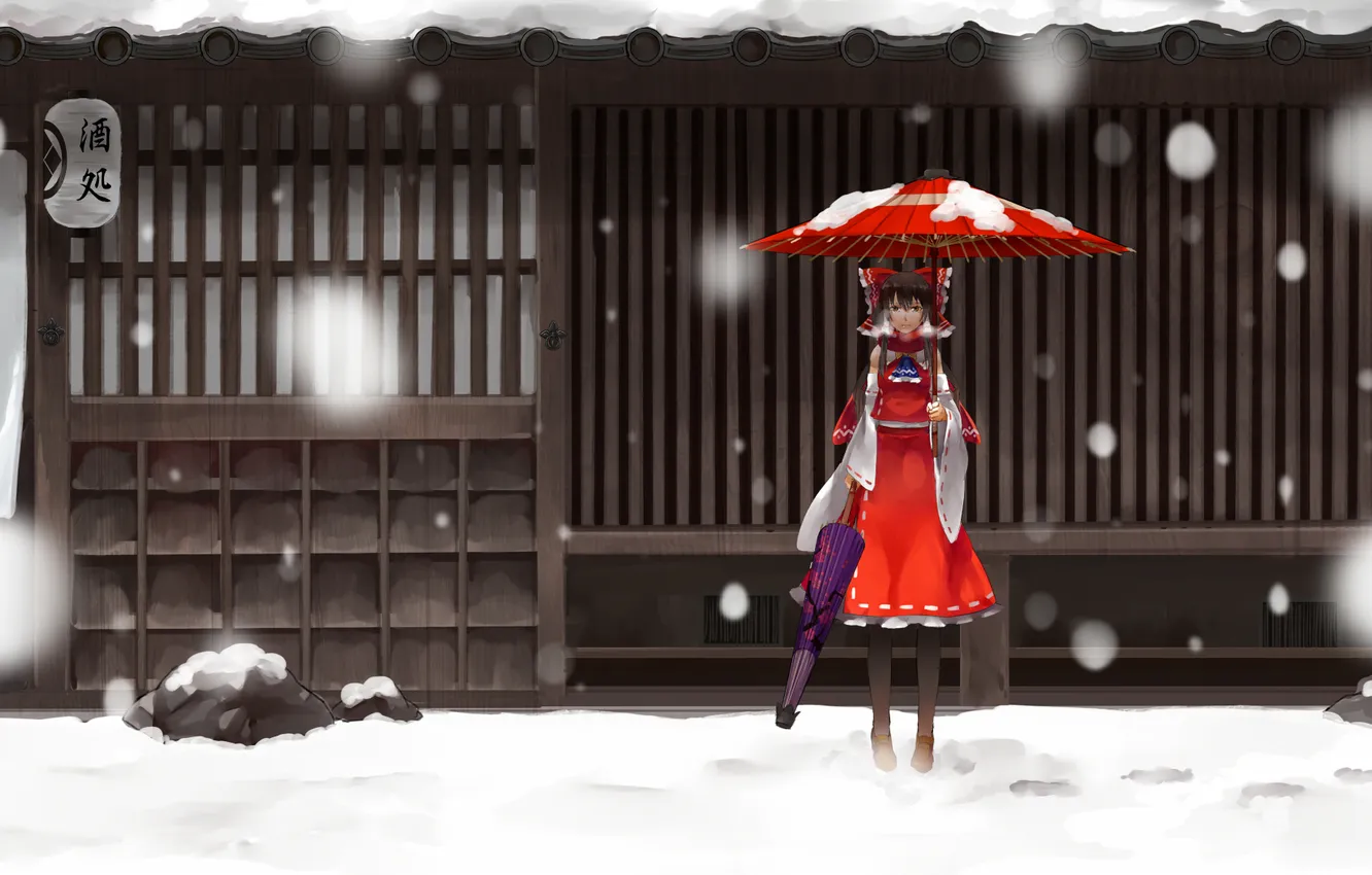 Фото обои зима, взгляд, девушка, снег, зонты, touhou, art, hakurei reimu