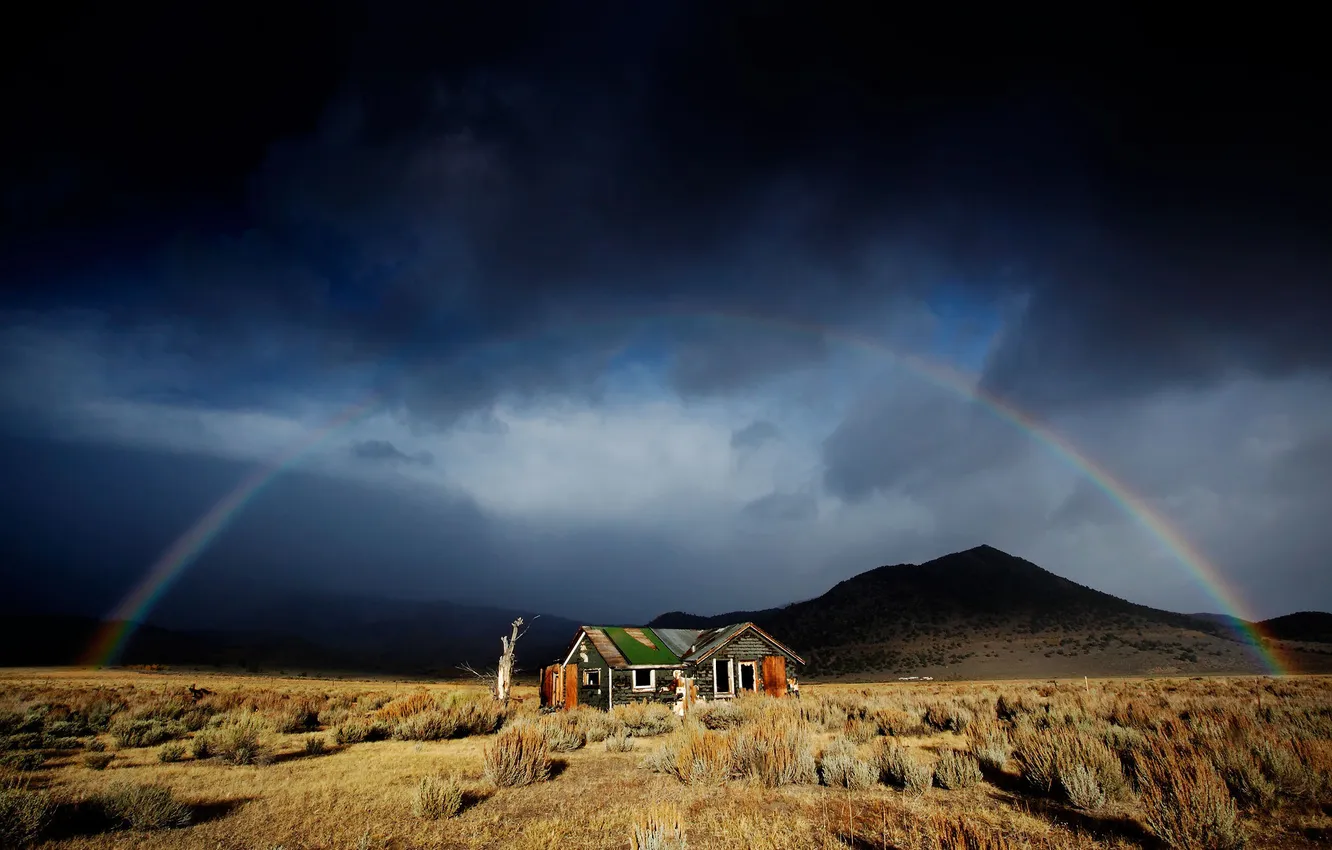 Фото обои горы, дом, радуга, долина