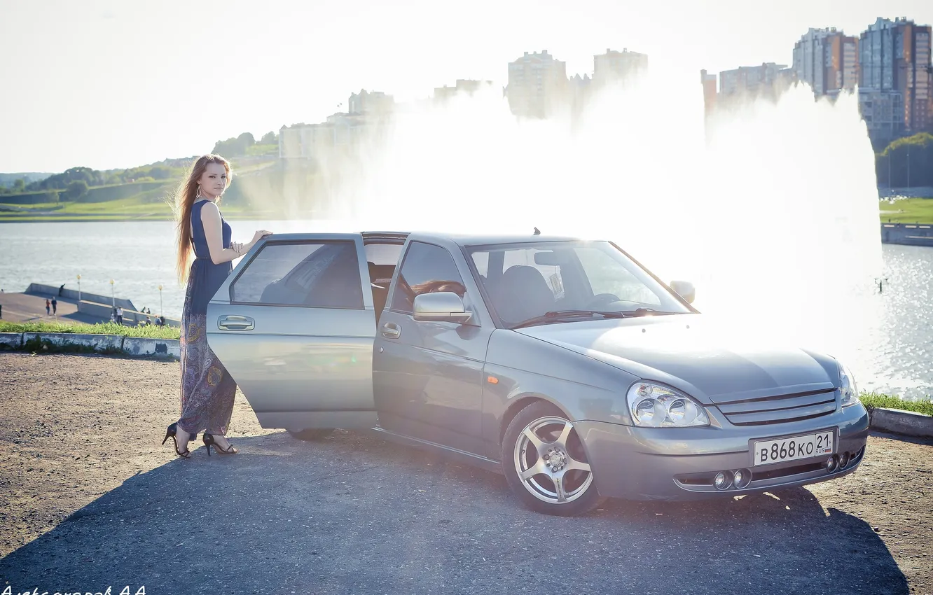 Фото обои машина, авто, девушка, фонтан, auto, LADA, Priora, ВАЗ