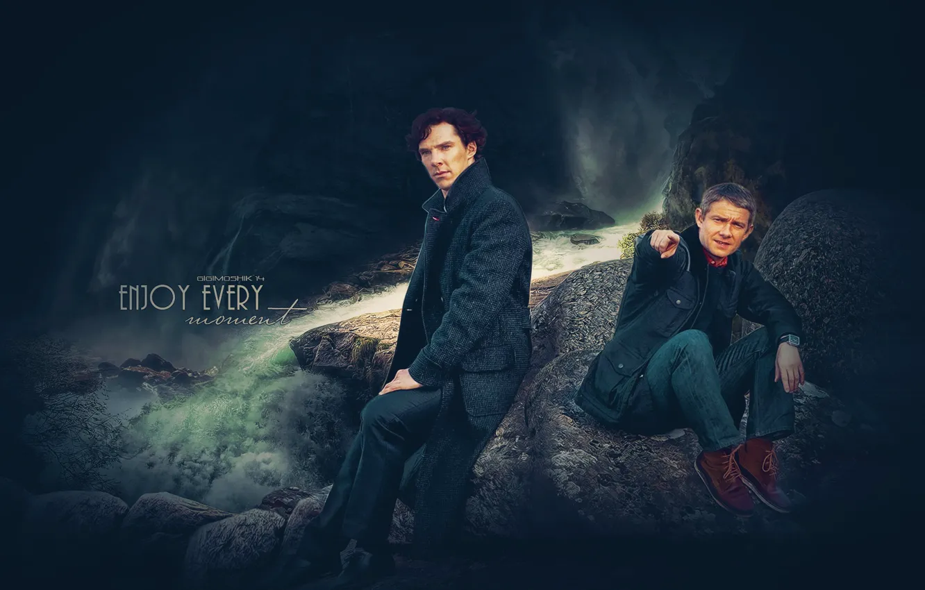 Фото обои скала, арт, Шерлок Холмс, Мартин Фриман, Бенедикт Камбербэтч, Benedict Cumberbatch, Sherlock, Шерлок