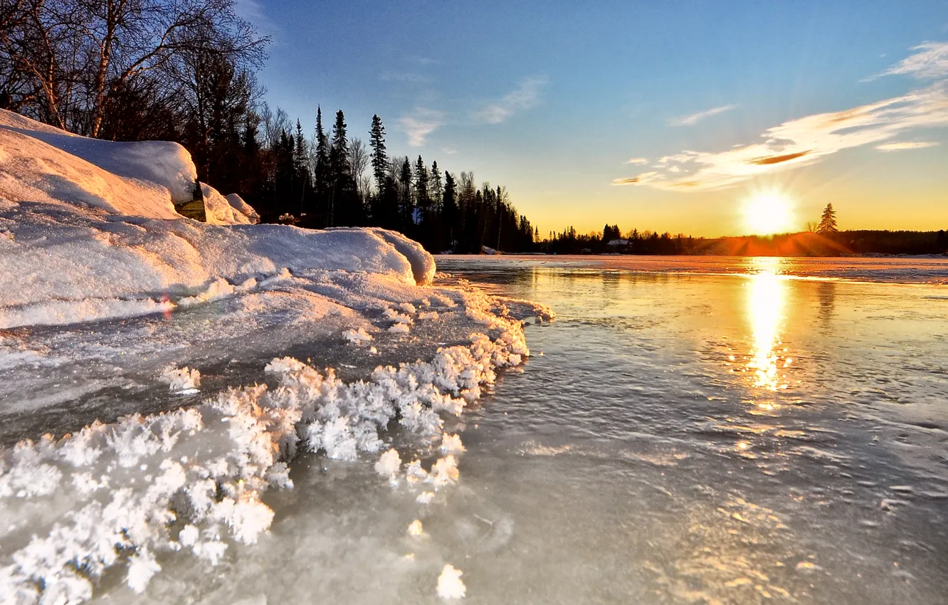 Фото обои Nature, Canada, Blue, Winter, Water, sunset, Snow, Lake
