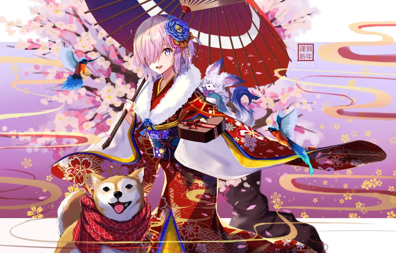 Фото обои девушка, птицы, коробка, собака, весна, зонт, Fate / Grand Order