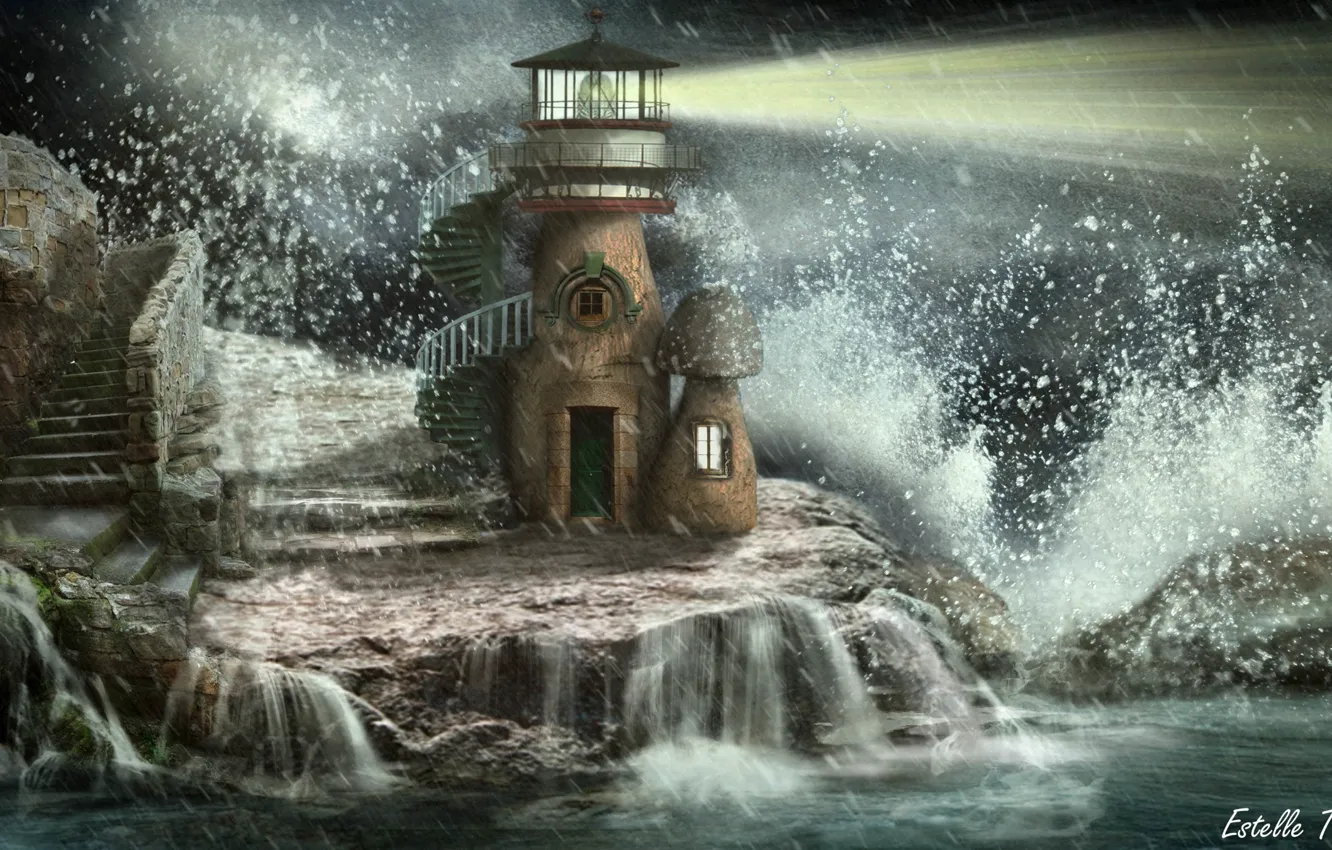 Фото обои море, вода, шторм, грибы, маяк