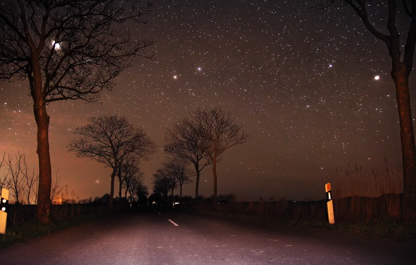 Фото обои дорога, небо, деревья, луна, звёзды, Ночь, moon, road