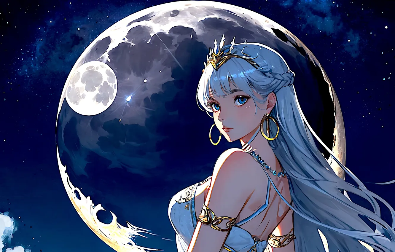 Фото обои girl, moon, fantasy, star, night, blue eyes, crown, digital art
