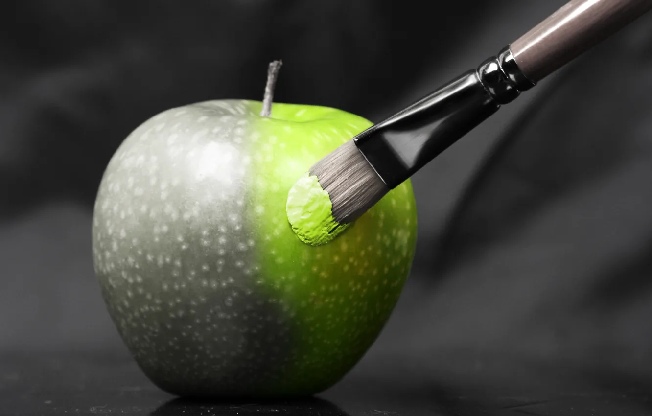 Фото обои зеленый, креатив, фон, widescreen, черно-белый, обои, яблоко, фрукт