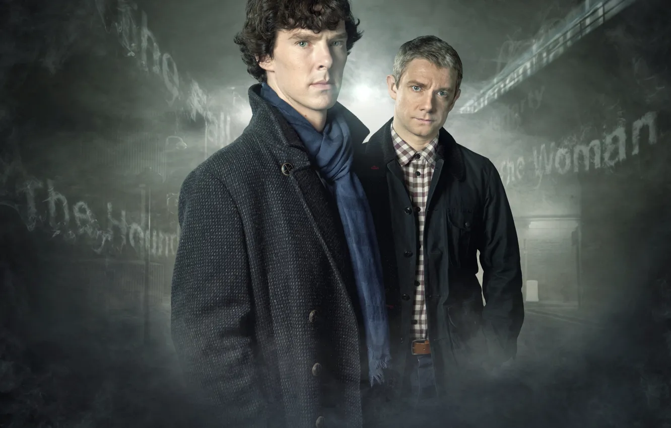 Фото обои туман, дым, двое, Шерлок Холмс, Sherlock, Sherlock BBC, Sherlock Holmes, Джон Ватсон