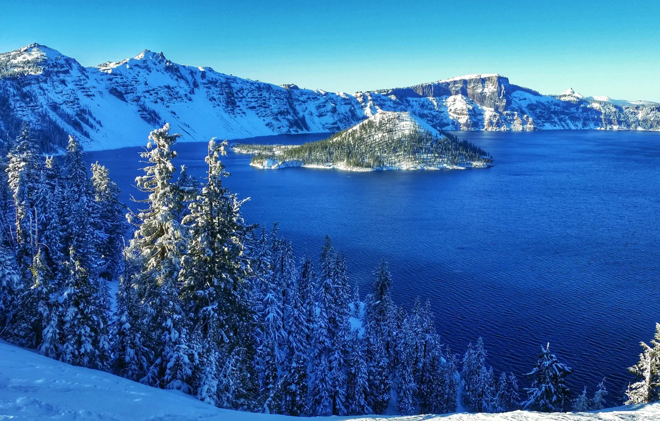 Фото обои зима, снег, деревья, горы, озеро, США, солнечно, островок