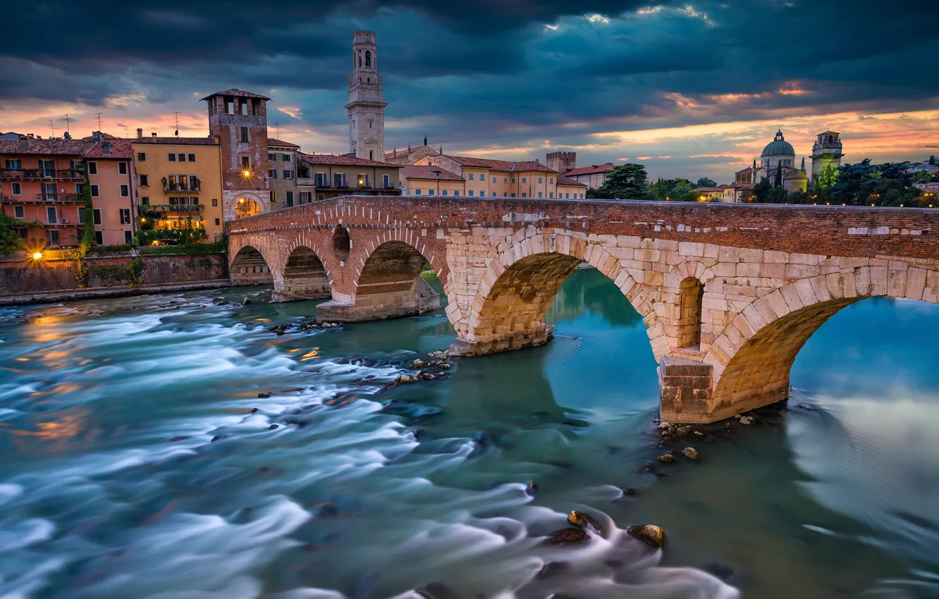 Фото обои мост, река, здания, Италия, Italy, Верона, Verona, Veneto