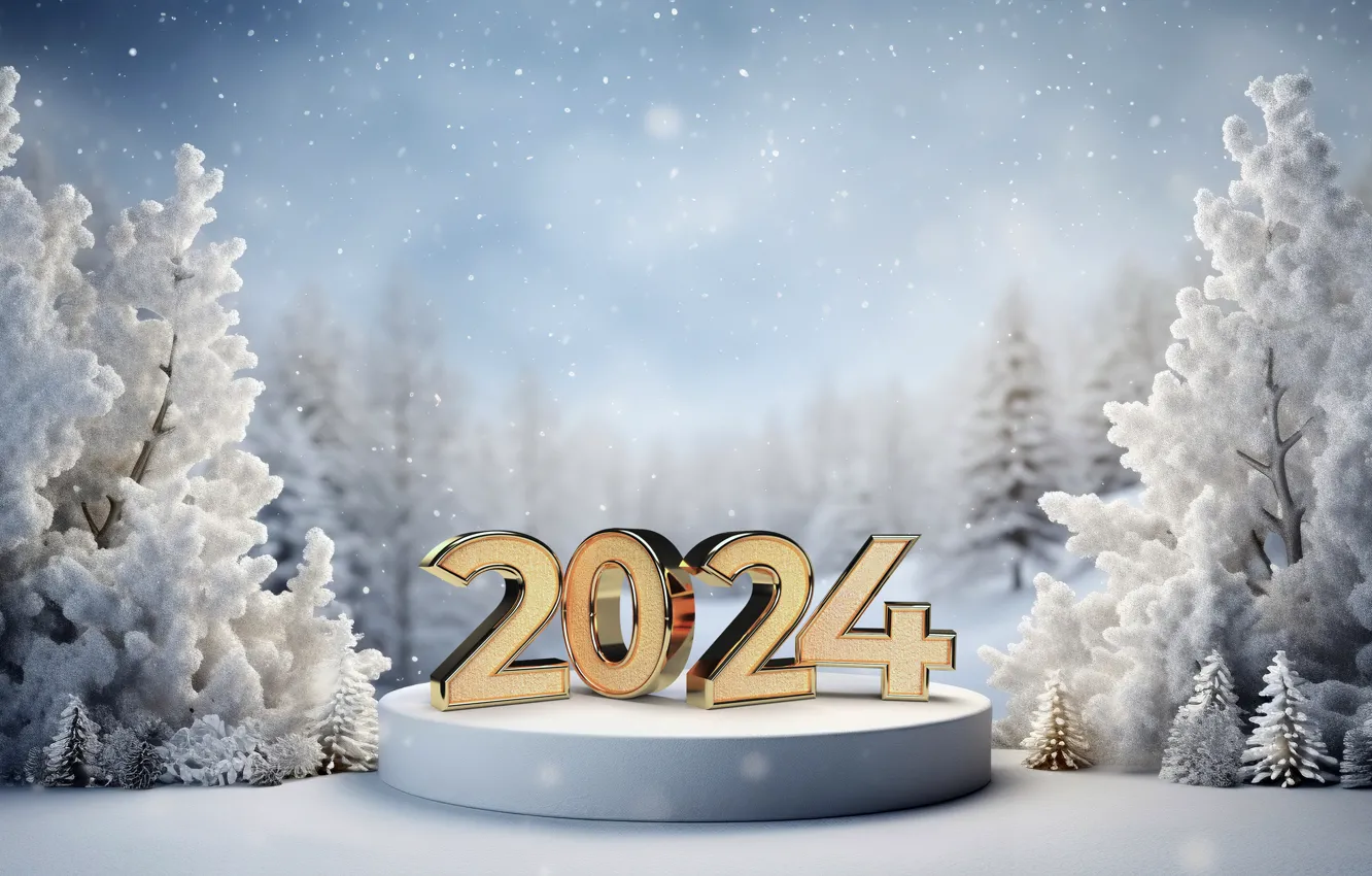 Фото обои зима, снег, елки, Новый Год, Рождество, цифры, golden, new year