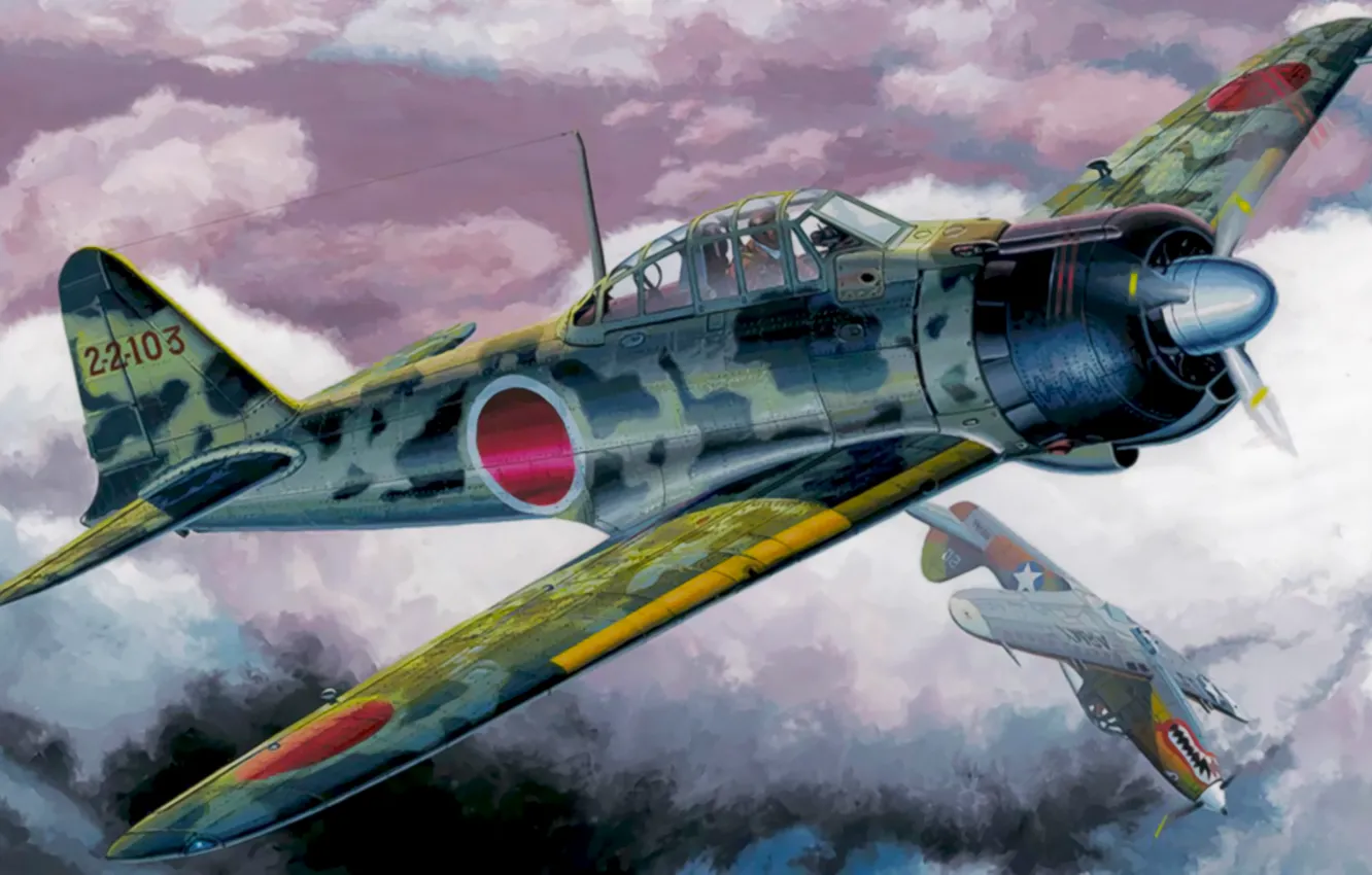 Фото обои war, art, airplanes, painting, aviation, ww2, dogfight, P-39 Airacobra