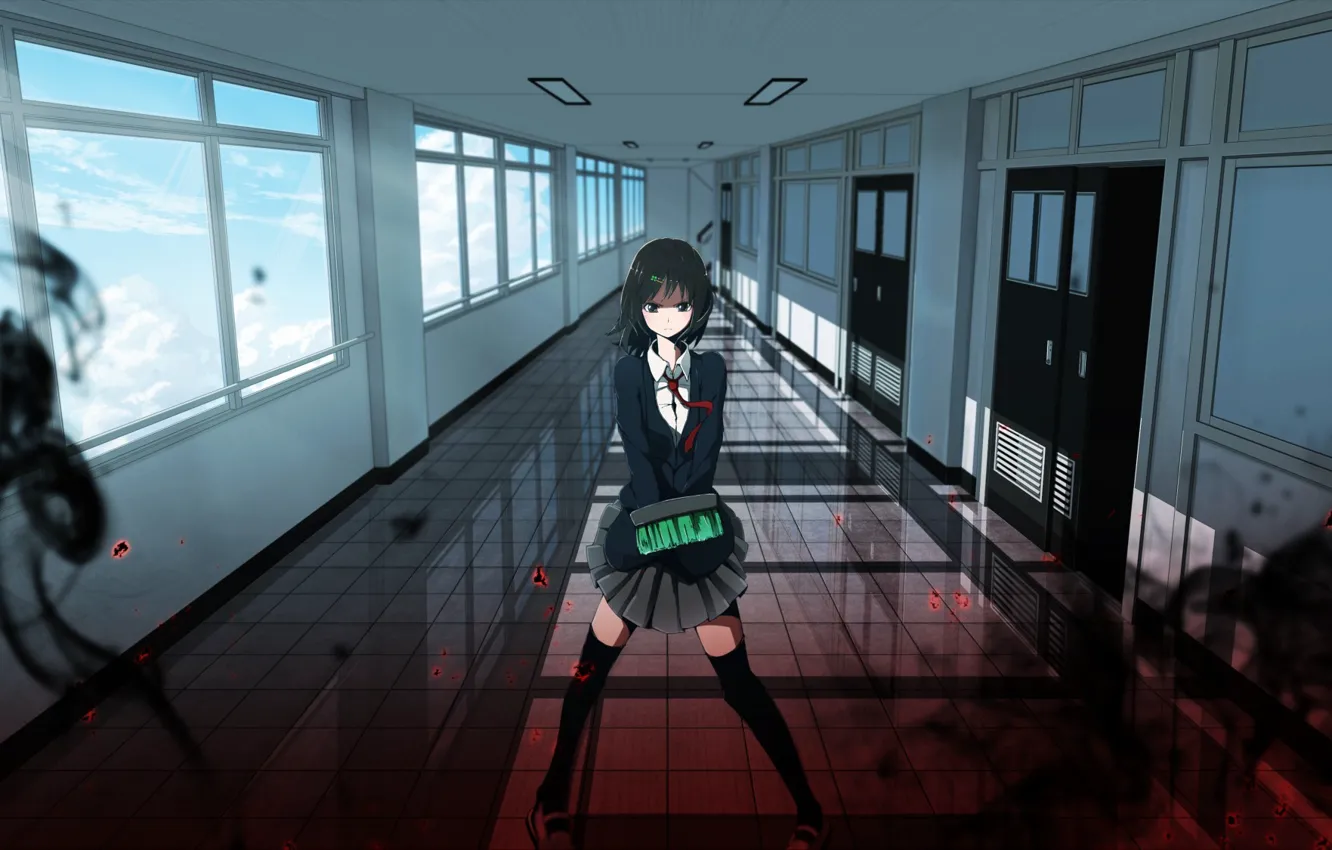 Фото обои Anime, girls, black hair, indoors, black eyes, brooms, tie., school uniforms