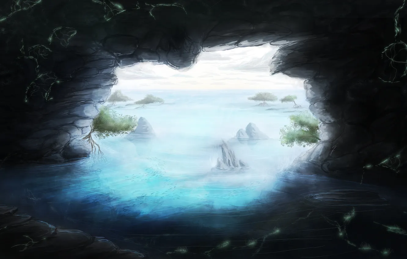 Фото обои вода, деревья, камни, арт, пещера, грот