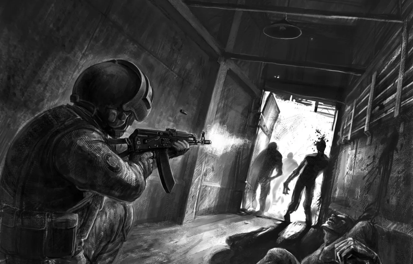 Фото обои коридор, солдат, автомат, зомби, шлем, калашникова, спецназ, департамент