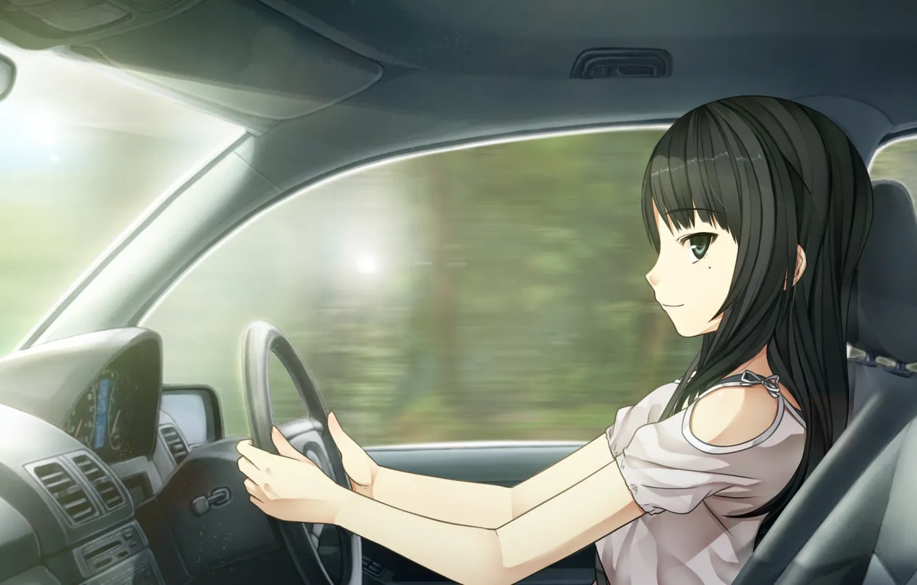 Фото обои машина, взгляд, девушка, длинные волосы