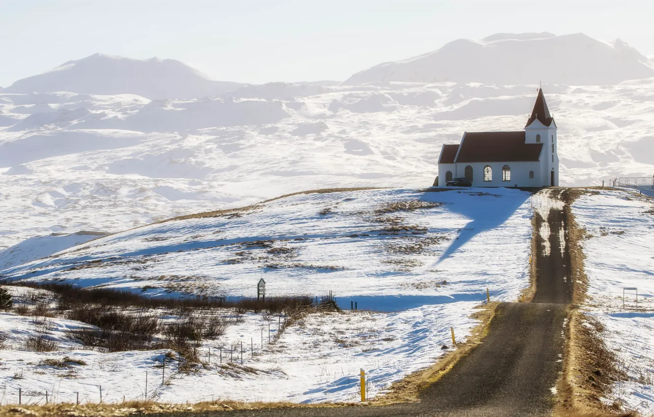 Фото обои дорога, снег, церковь, Исландия, Iceland