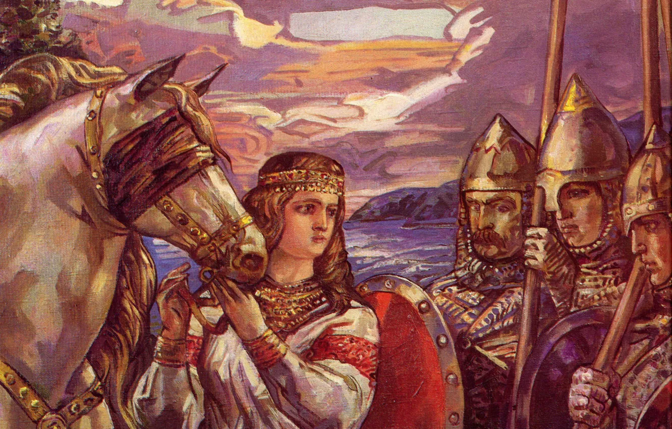 Фото обои женщина, доспехи, щит, воины, Клименко Андрей, Конь судьбы
