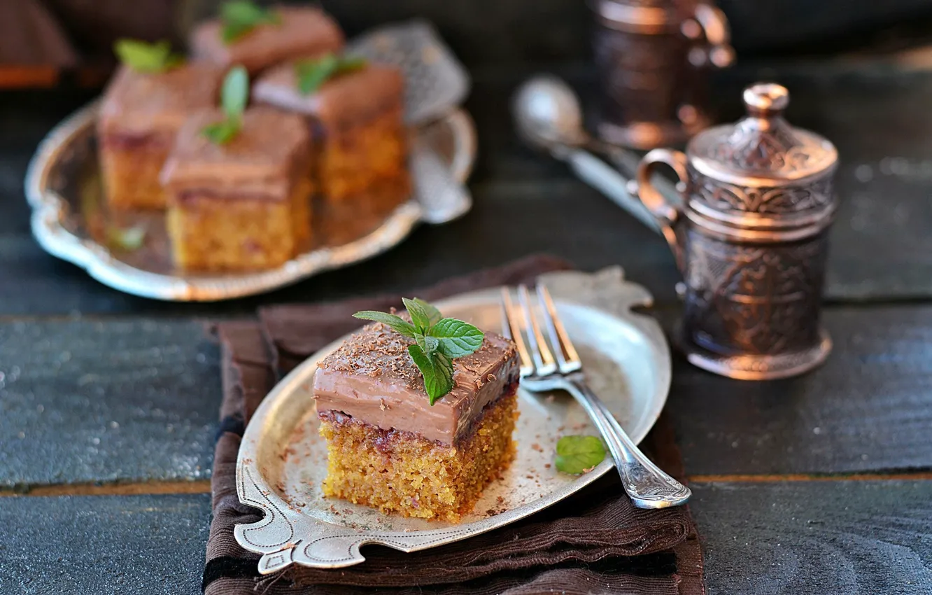 Фото обои пирожное, мята, крем, сладкое, карамель