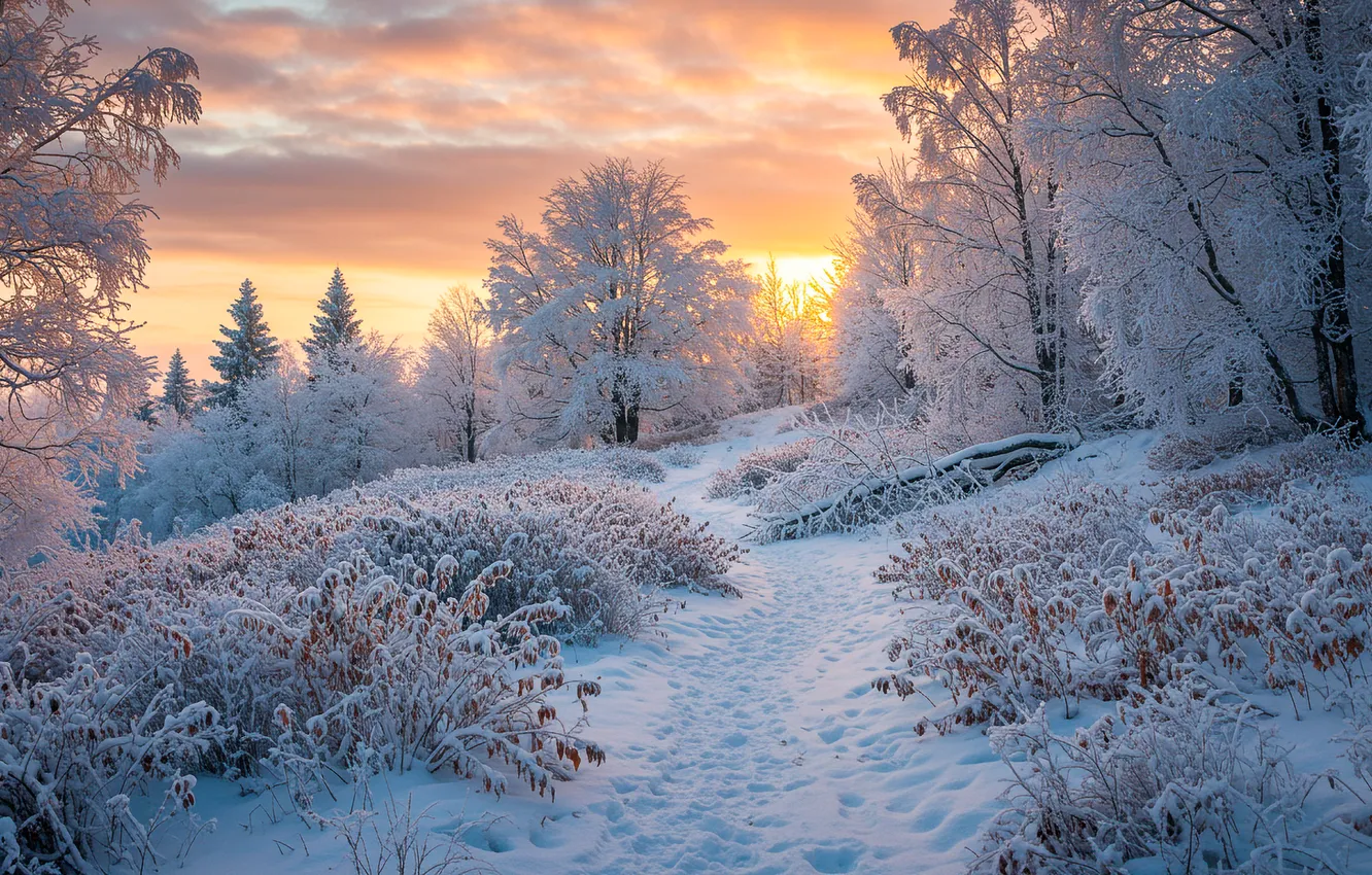 Фото обои зима, снег, закат, обои, wallpaper, тропинка, sunset, winter