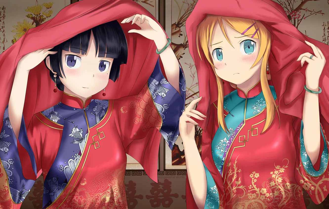 Фото обои девушка, аниме, восток, браслет, родинка, кимоно, иероглиф, платок