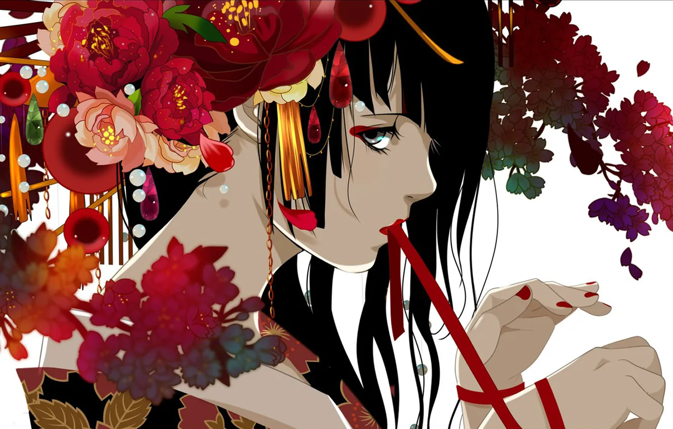 Фото обои цветы, Девушка, гейша, красная лента, заколки