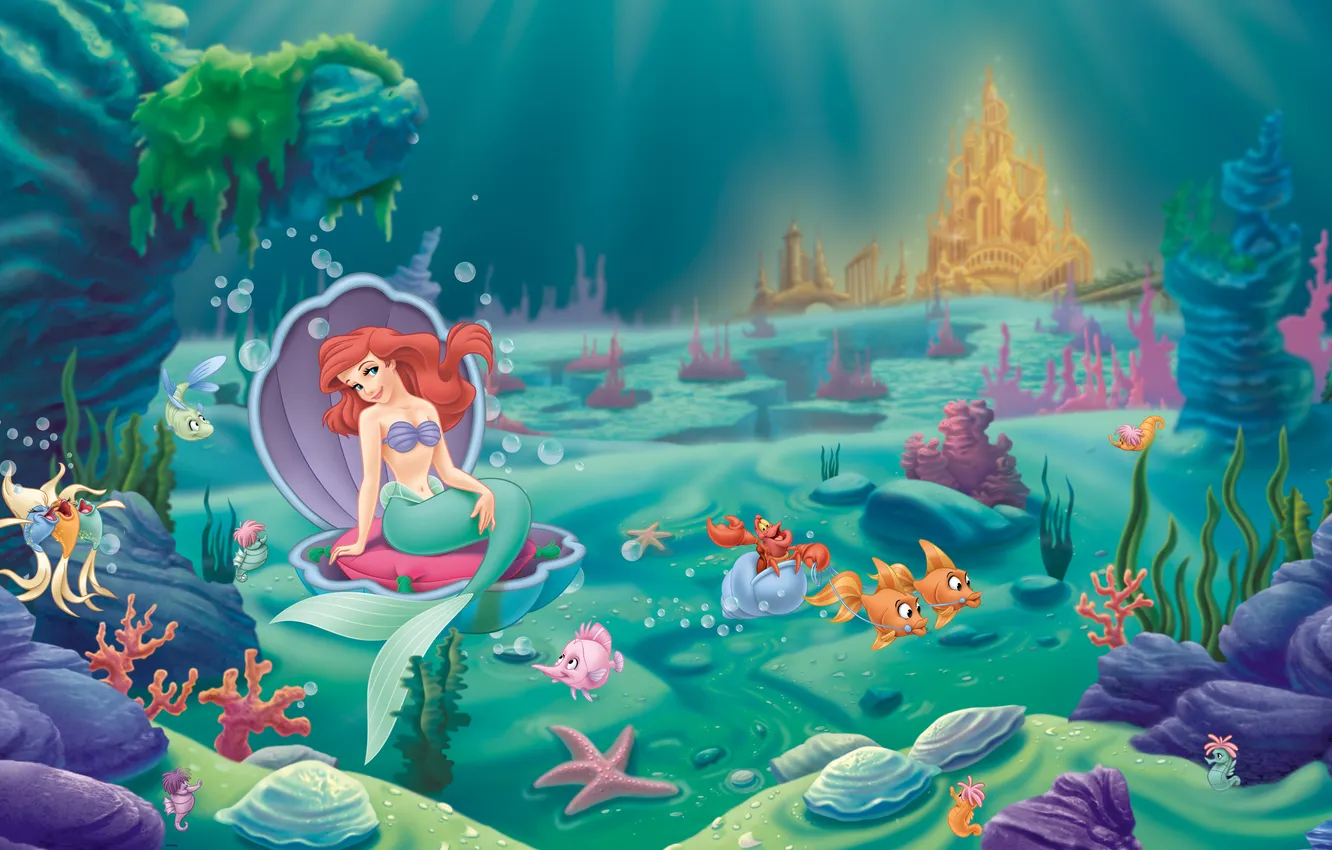 Фото обои рыбы, водоросли, Ариэль, дворец, Русалочка, The Little Mermaid, Сильвестр